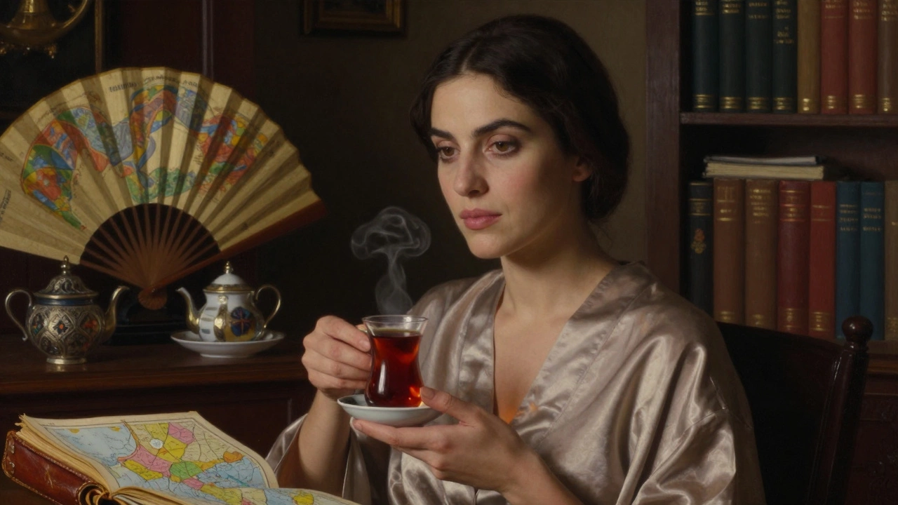 A woman in a silk robe seated in a book-filled study, holding tea, surrounded by global cultural artifacts.