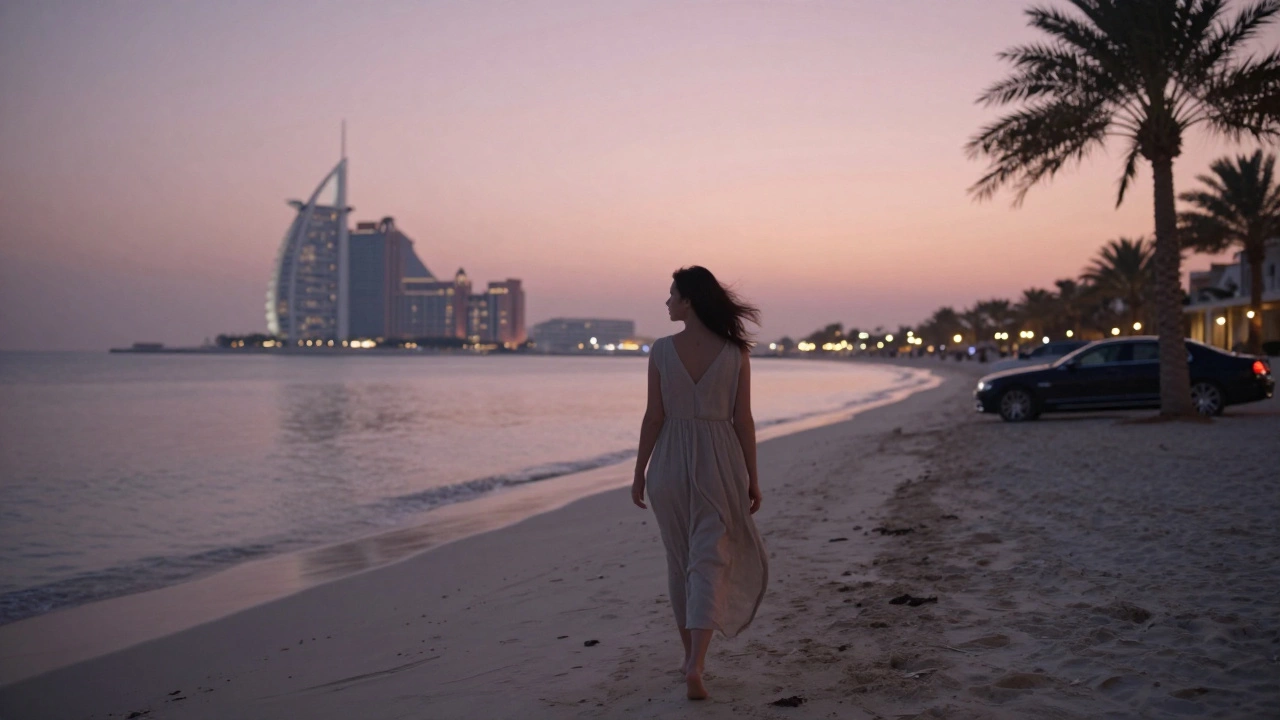 A woman walking barefoot along the Palm Jumeirah at twilight, calm and serene under the fading sunset.
